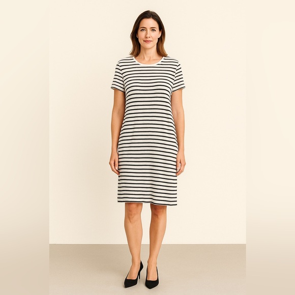 EILEEN FISHER Organic Linen Black & White Striped Tshirt Dress Womens M Travel - Picture 1 of 5